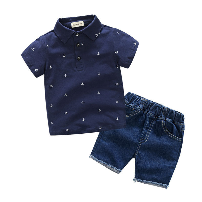 Boys' summer outfit set: polo shirt with anchor print, short-sleeve turn-down collar tee, and two-tone denim shorts - trendy kids' style