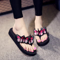Women's summer fashion slippers - mid-heel, non-slip, embroidered bow, handmade summer flip-flops