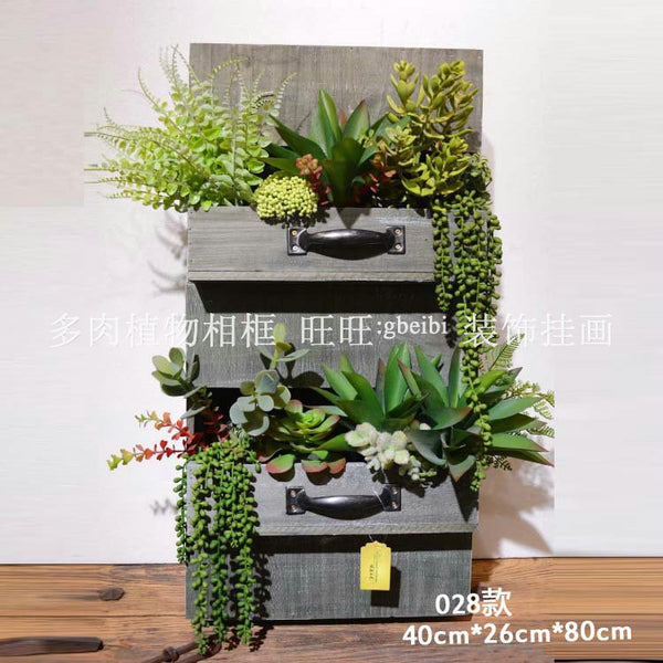 高仿客厅植物壁多肉植物028款乡村墙面装饰 热带植物木质相框摆件