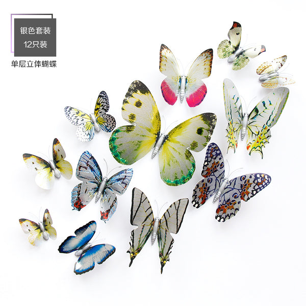 Silver simulated butterfly PVC three-dimensional wall stickers 12 sets of wedding props, home wall decoration stickers