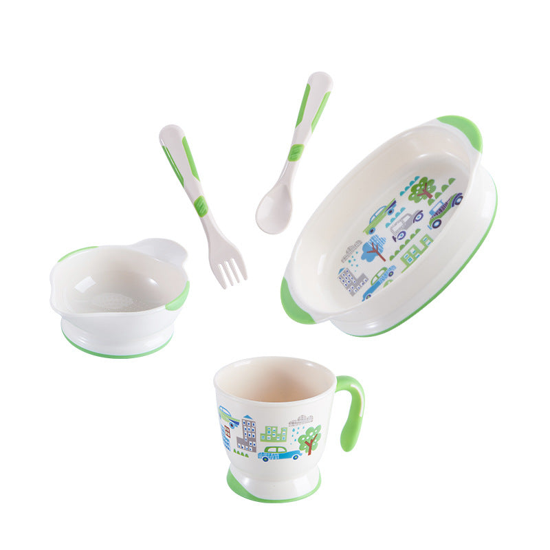 Bao hui baby tableware set: includes bowl, spoon, fork, divided plate, bowl, cup, fork, and spoon – complete feeding set