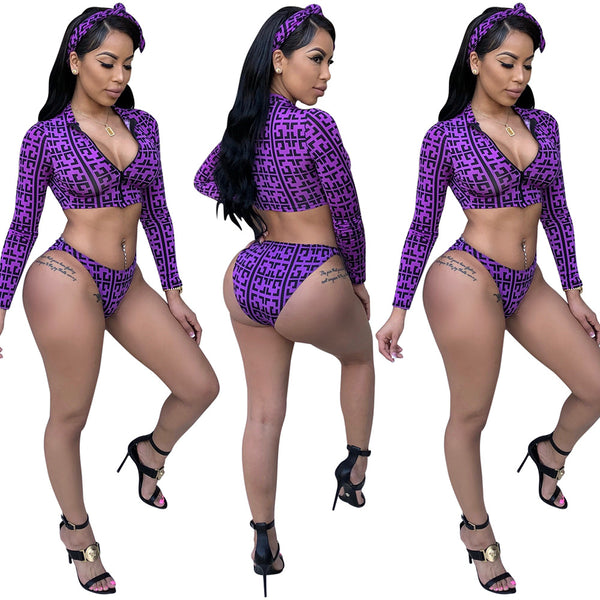 K8604 European and American sexy beach cardigan collar underwear printed with headscarf three-piece set