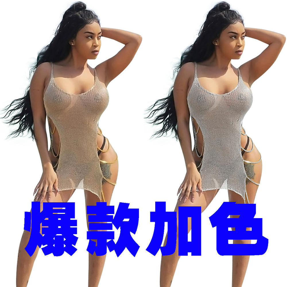 Amazon  hot selling european and american sexy women's gold chain knit dress  beach dress