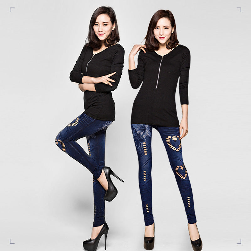 seamless large elastic heart-shaped printed pants cut out women's tight-fitting imitation denim bottom pants in stock wholesale