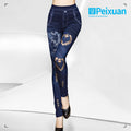 seamless large elastic heart-shaped printed pants cut out women's tight-fitting imitation denim bottom pants in stock wholesale