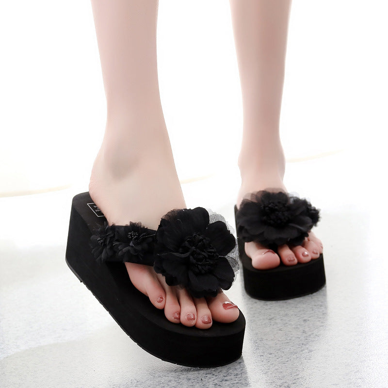 Shanjiao 2025 handmade flower black flip-flops women's summer fashionoutwear slippers women's summer thick solenon-slip beach slippers