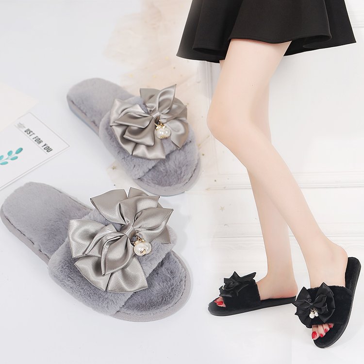Korean new style chanel-inspired bowknot women's cotton slippers - fashionable indoor/outdoor rhinestone-stitched all-season slides