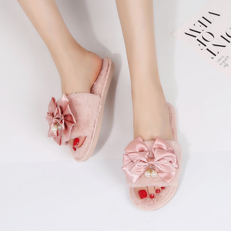 Korean new style chanel-inspired bowknot women's cotton slippers - fashionable indoor/outdoor rhinestone-stitched all-season slides