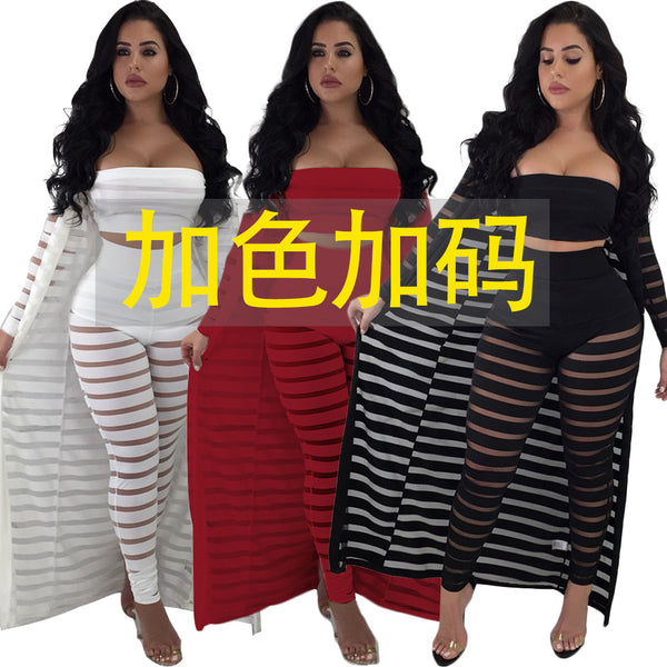S3365 European and American women's clothing,  large-size fashionable and sexy lace, hollow cape + chest wrap + pants set
