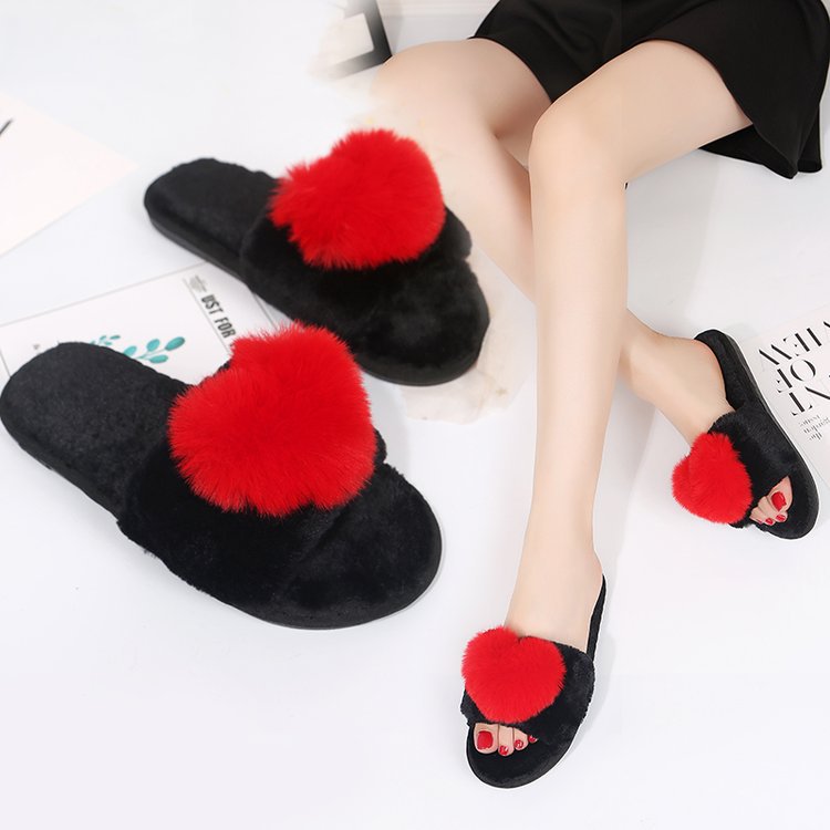 New indoor and outdoor heattech home stuffed slippers fall and winter confinement shoes heart-shaped fur slippers wholesale one-word cotton slippers