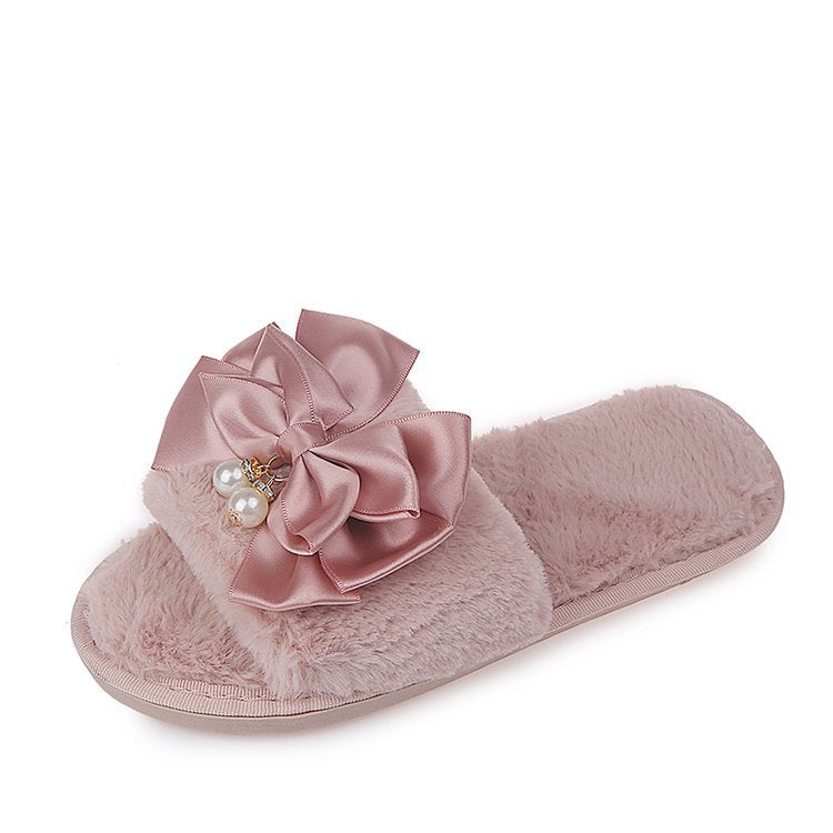 Korean new style chanel-inspired bowknot women's cotton slippers - fashionable indoor/outdoor rhinestone-stitched all-season slides