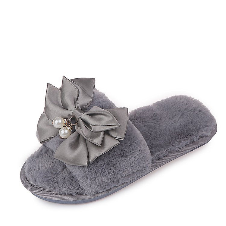Korean new style chanel-inspired bowknot women's cotton slippers - fashionable indoor/outdoor rhinestone-stitched all-season slides