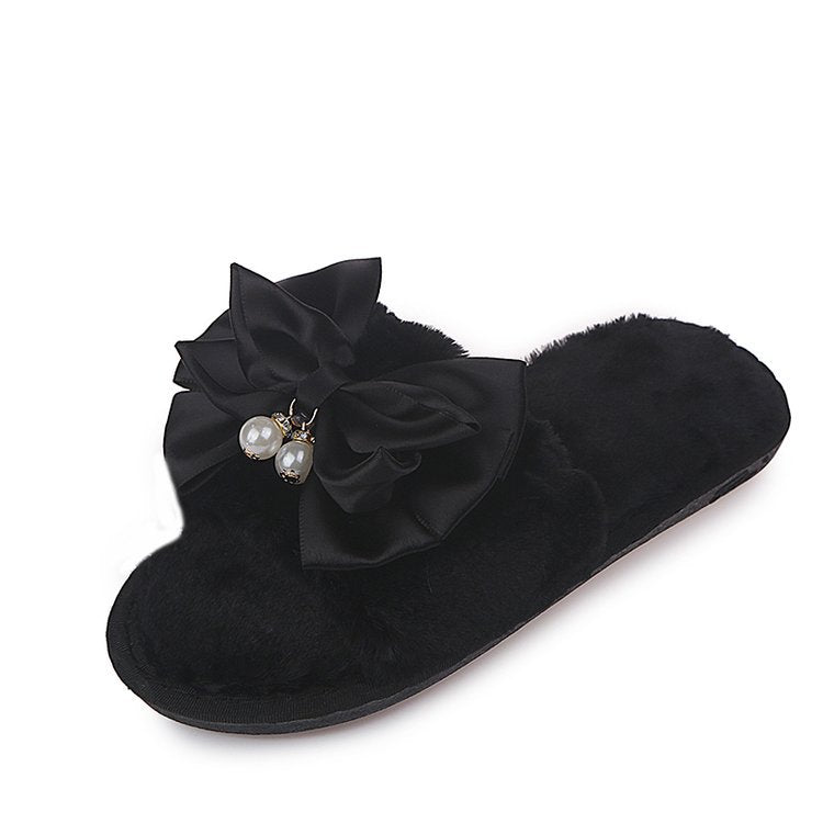 Korean new style chanel-inspired bowknot women's cotton slippers - fashionable indoor/outdoor rhinestone-stitched all-season slides