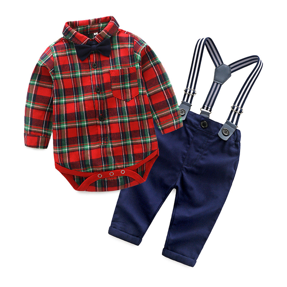 Kidssuit boys gentleman dress bow tie shirt khaki detachable overalls christmas baby clothes