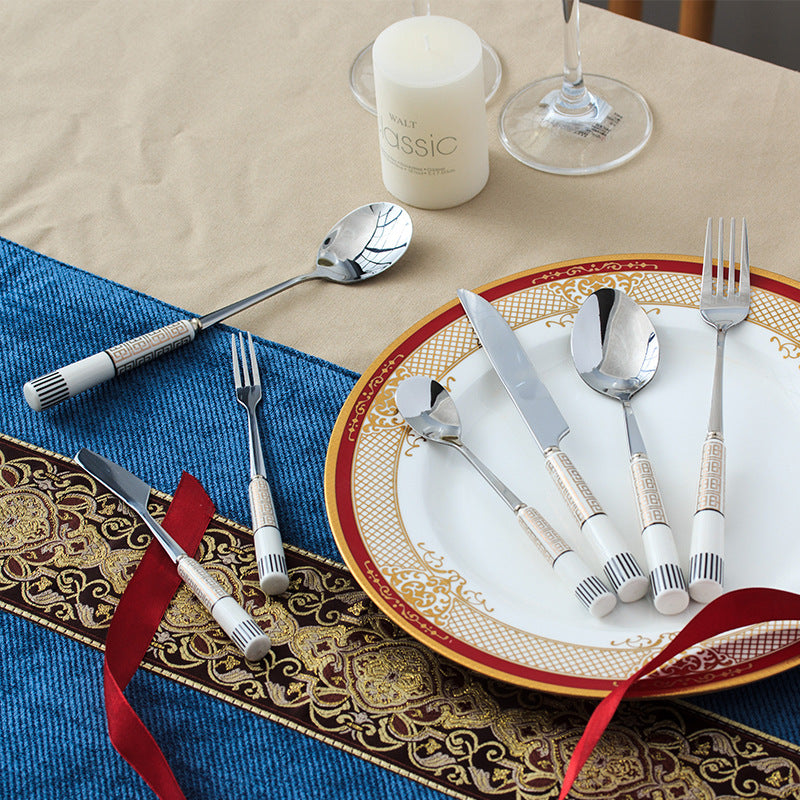 Chaobai new arrival ceramic handle knife, fork and spoon suit four-character pattern stainless steel spoon housewarming gift tableware factory wholesale