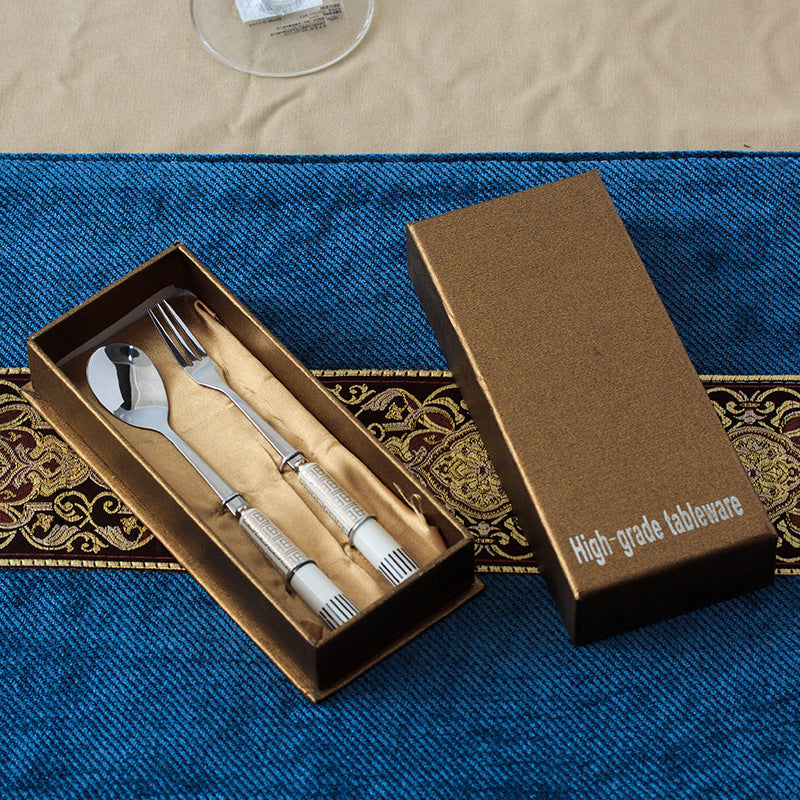 Chaobai new arrival ceramic handle knife, fork and spoon suit four-character pattern stainless steel spoon housewarming gift tableware factory wholesale