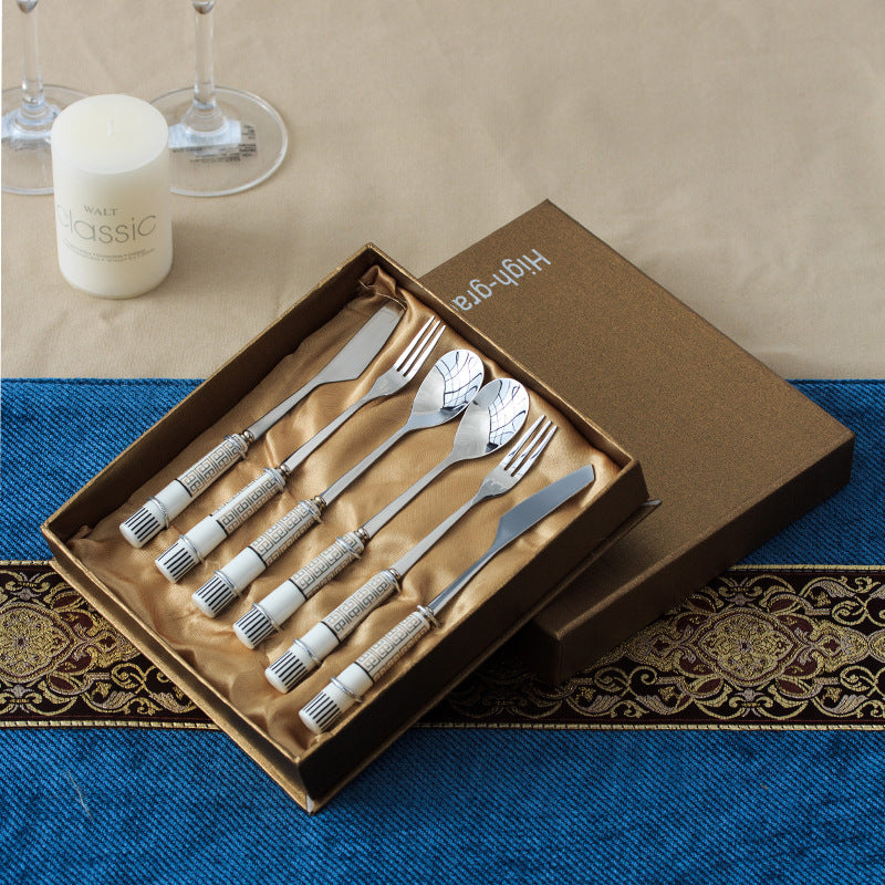 Chaobai new arrival ceramic handle knife, fork and spoon suit four-character pattern stainless steel spoon housewarming gift tableware factory wholesale