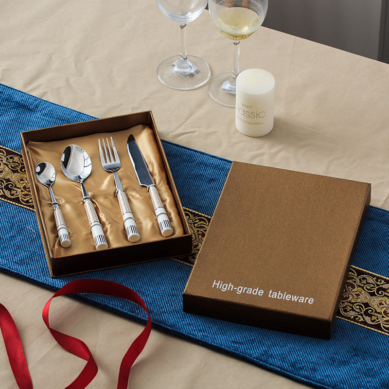 Chaobai new arrival ceramic handle knife, fork and spoon suit four-character pattern stainless steel spoon housewarming gift tableware factory wholesale