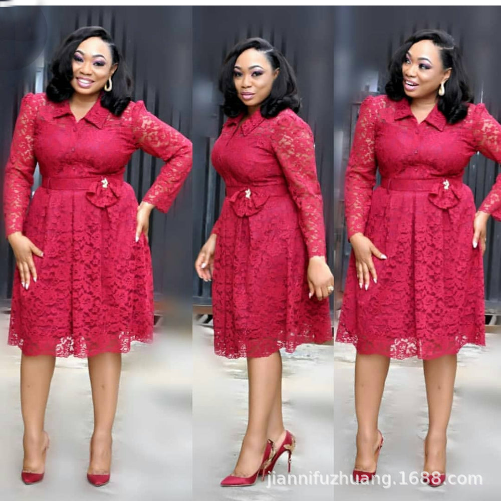 Aliexpress hot-selling african-inspired long-sleeve shirt collar lace cardigan a-line dress with cinched waist - special offer!