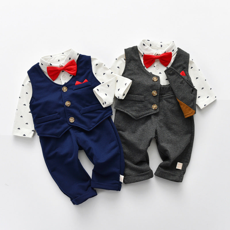 Export children's clothing spring & fall new arrivalkidssuit gentleman wearing bow tie baby clothes one-year-old boy formal wear