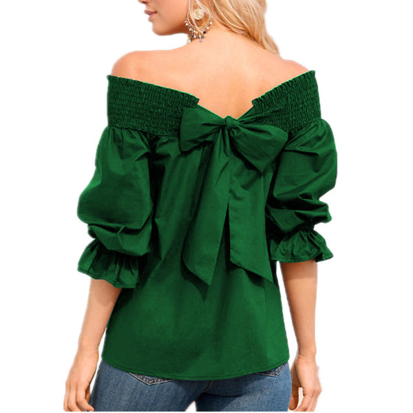 2023 spring and summer  eBay women's clothing wish  products European and American one-word collar bow tie T-shirt