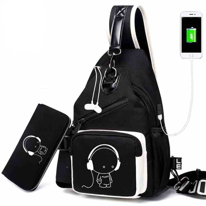 Factory direct sales USB charging men's and women's casual shoulder bag Korean version men's bag chest messenger bag trendy backpack breast bag