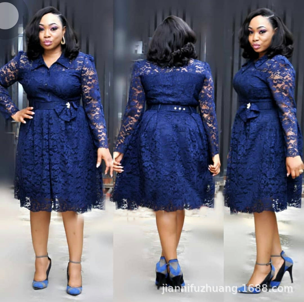 Aliexpress hot-selling african-inspired long-sleeve shirt collar lace cardigan a-line dress with cinched waist - special offer!