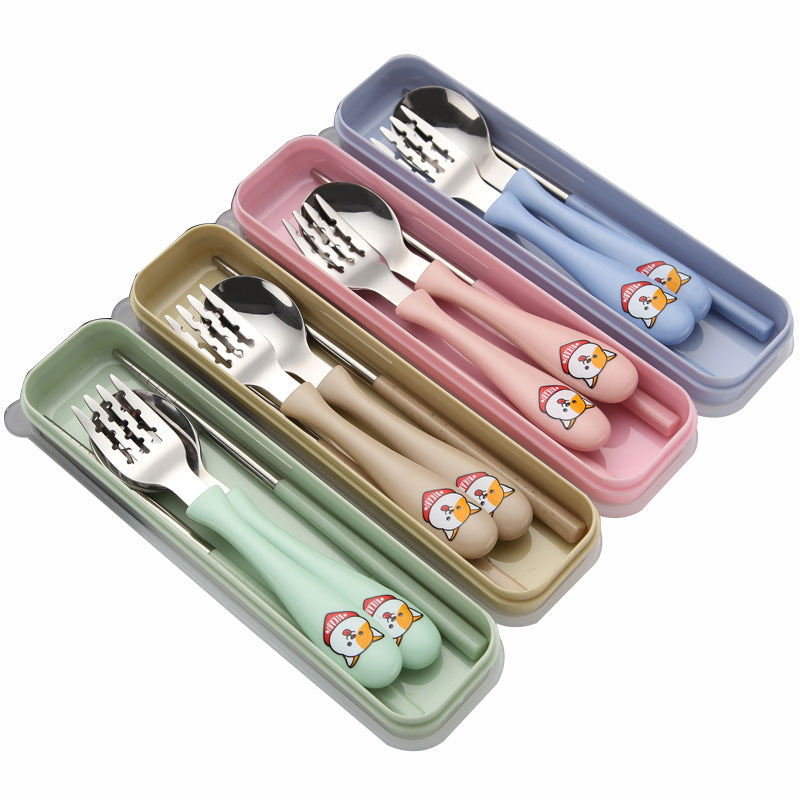 Island Qi 304 Stainless Steel Children's Tableware Baby Creative Cartoon Spoon Set Student PP Handle Fork and Spoon Box
