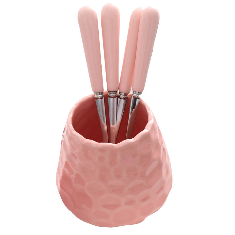 Creative ceramic handle small fork suit stainless steel fruit fork fruit pick watermelon fork coffee spoon good-looking storage jar