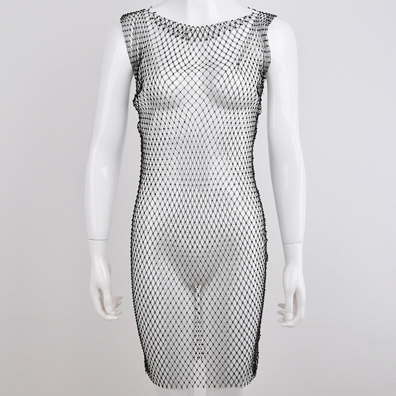 Europe Station Cross-border supply ins Europe, America,  hot-selling women's clothing new grid flash diamond round neck dress