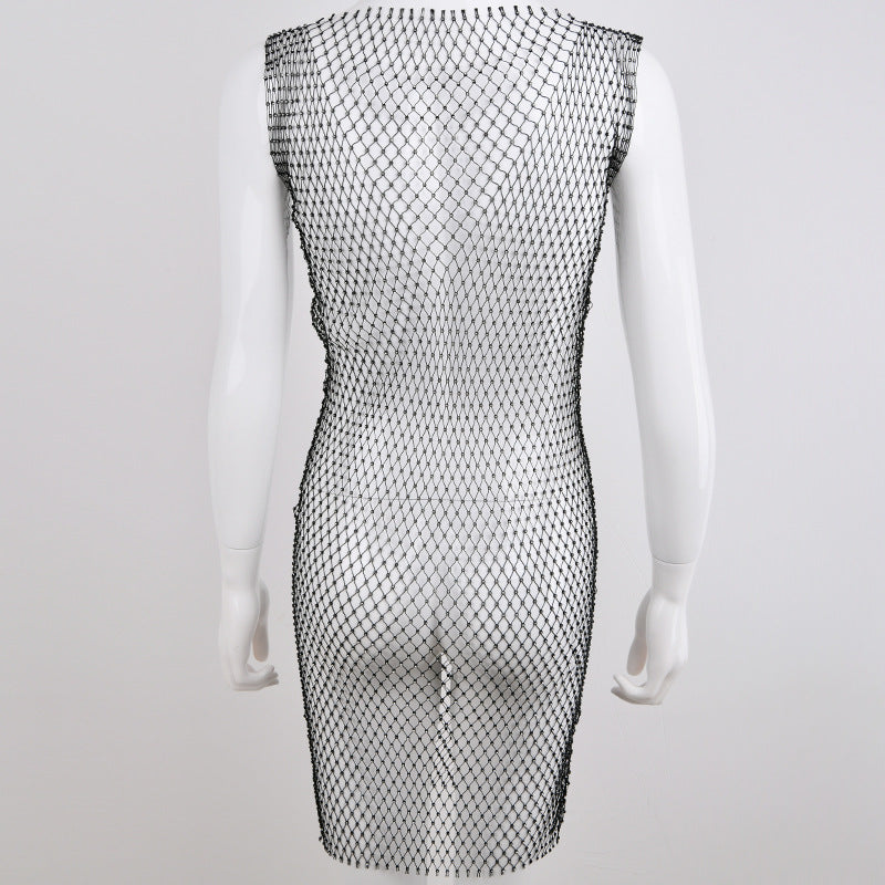 Europe Station Cross-border supply ins Europe, America,  hot-selling women's clothing new grid flash diamond round neck dress