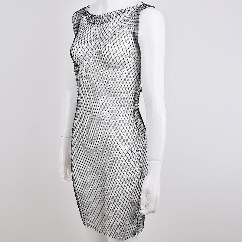 Europe Station Cross-border supply ins Europe, America,  hot-selling women's clothing new grid flash diamond round neck dress