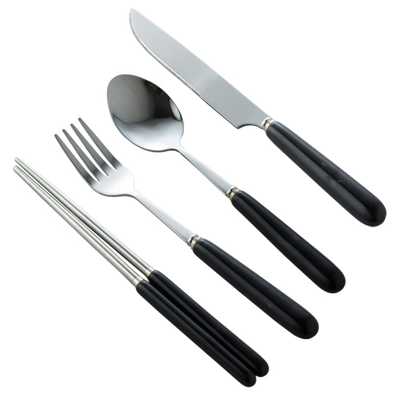 Simple handle anti-scald ceramic travel cutlery set - stainless steel fork, spoon, and chopsticks three-piece student portable utensil set