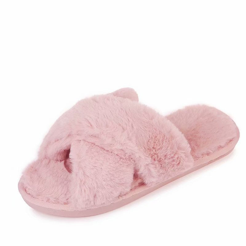 2024 fall/winter new fuzzy slippers for women, open-toe cotton slippers for home, crossover outdoor slippers, plus size women's slippers, thong sandals