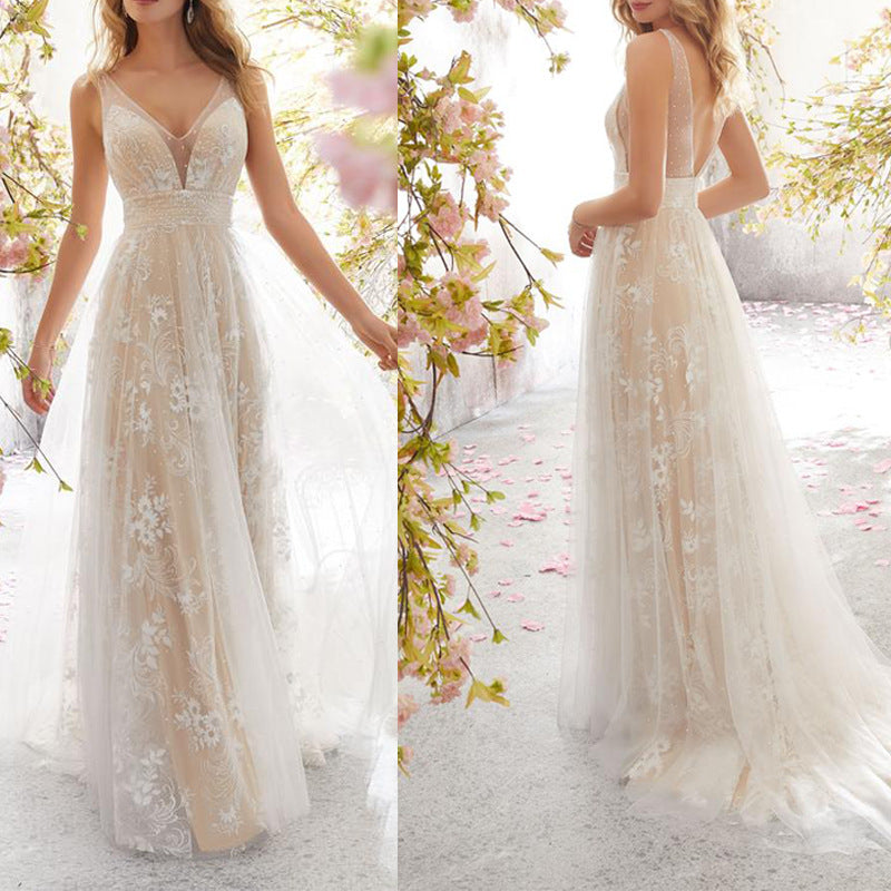 new european and american export wedding dress -   sexy fashion v-neck sleeveless lace wedding dress