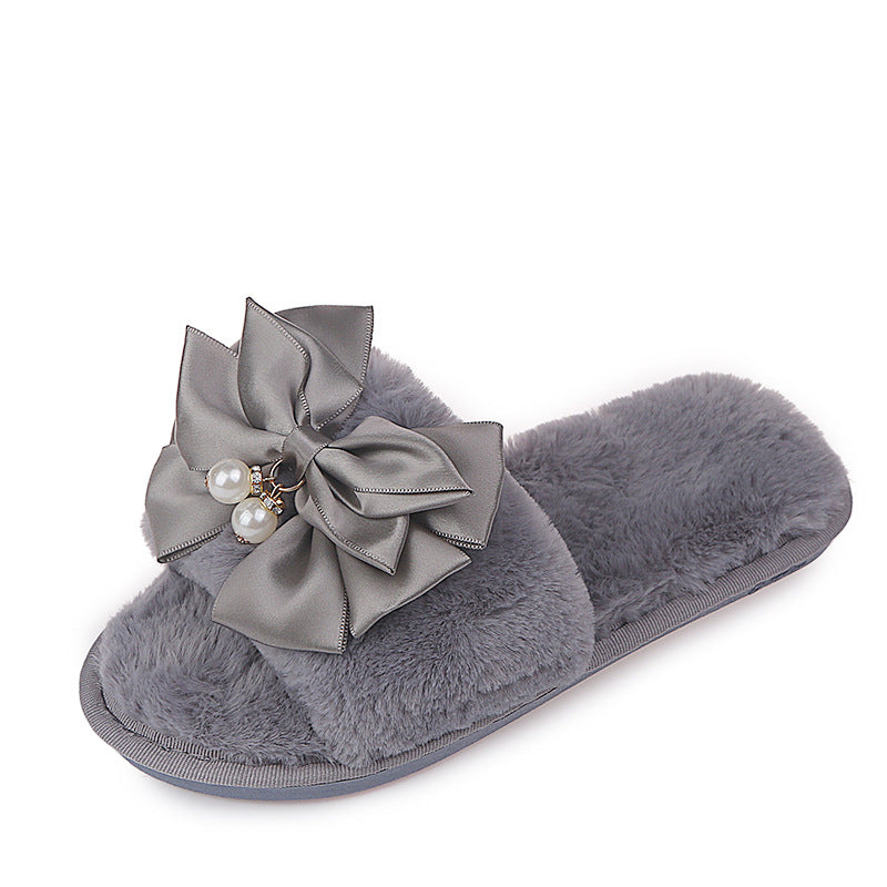 Korean new style chanel-inspired bowknot women's cotton slippers - fashionable indoor/outdoor rhinestone-stitched all-season slides
