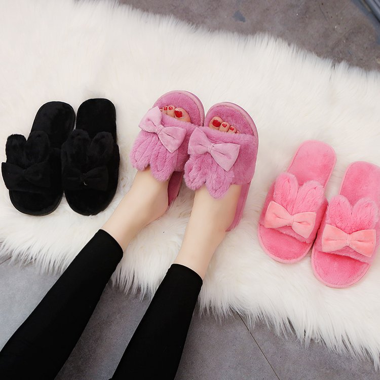 New home indoor slippers, postpartum slippers, autumn and winter cotton slippers, floor slippers with bows, fuzzy open-toe slippers