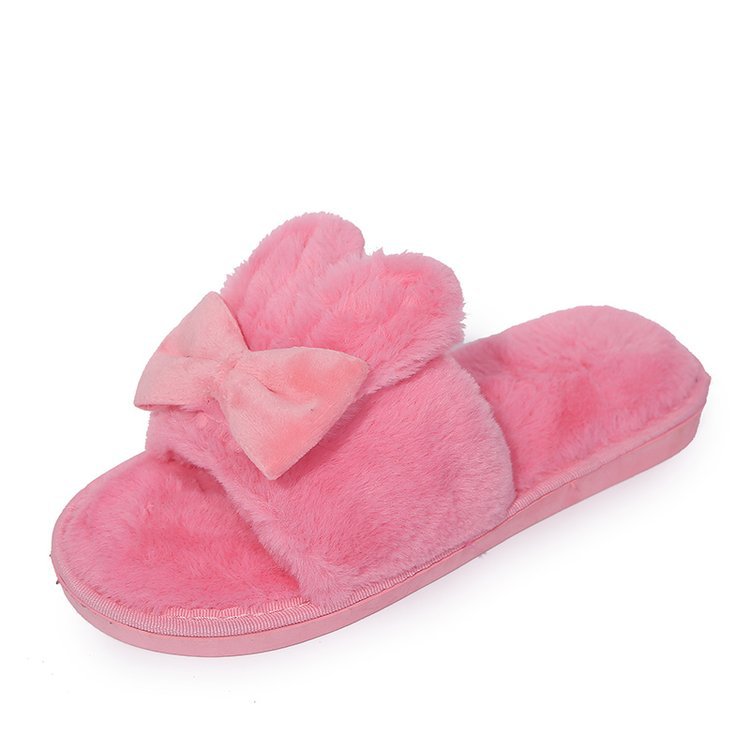 New home indoor slippers, postpartum slippers, autumn and winter cotton slippers, floor slippers with bows, fuzzy open-toe slippers