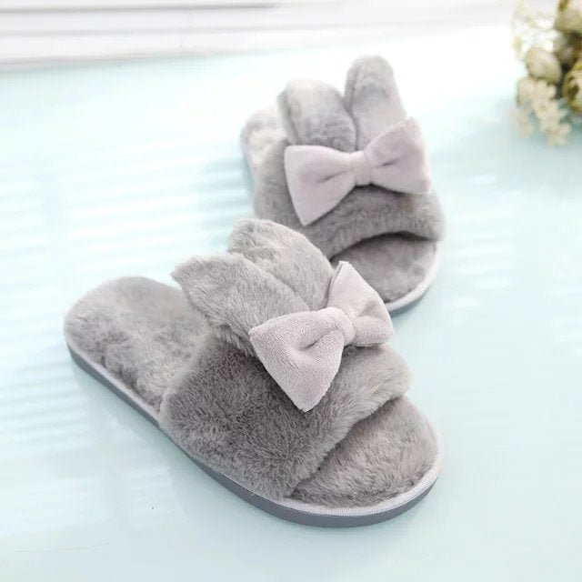 New home indoor slippers, postpartum slippers, autumn and winter cotton slippers, floor slippers with bows, fuzzy open-toe slippers