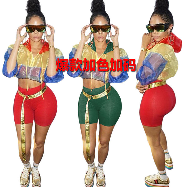Spot! S3425 spring and summer  color contrasting splicing leisure sports suit European and American long-sleeved hooded sunscreen suit