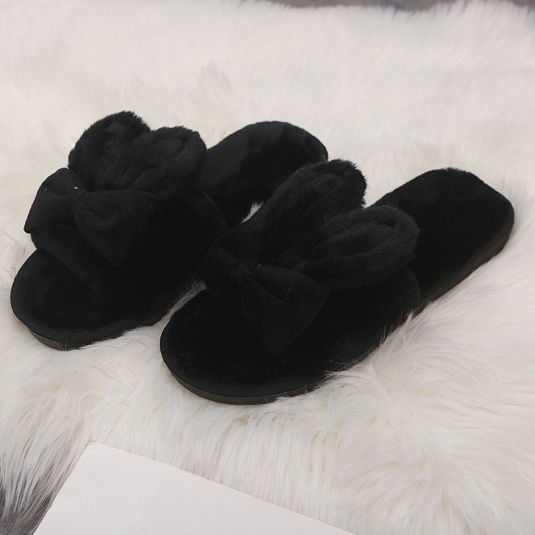 New home indoor slippers, postpartum slippers, autumn and winter cotton slippers, floor slippers with bows, fuzzy open-toe slippers