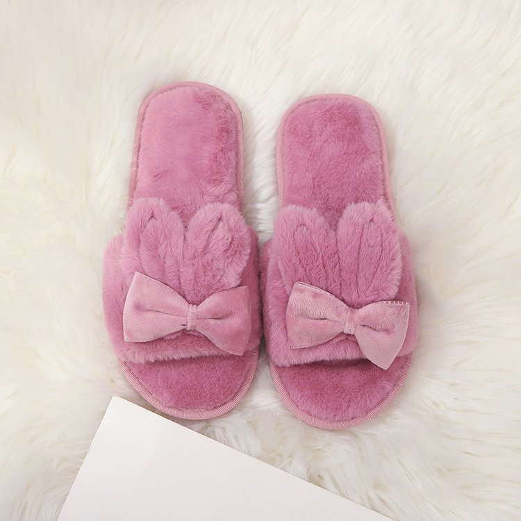 New home indoor slippers, postpartum slippers, autumn and winter cotton slippers, floor slippers with bows, fuzzy open-toe slippers