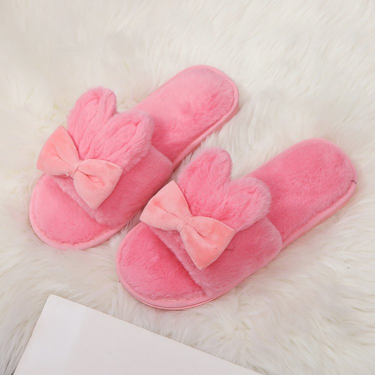 New home indoor slippers, postpartum slippers, autumn and winter cotton slippers, floor slippers with bows, fuzzy open-toe slippers