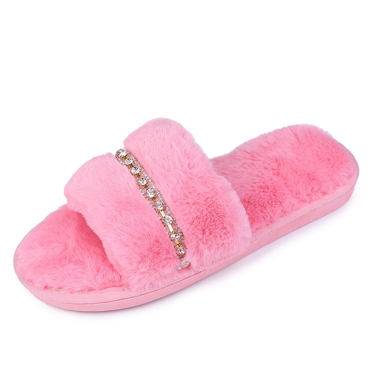 Rihanna-inspired 2025 new autumn/winter fuzzy flat heel thong sandals - fashion rhinestone chain plush slippers for women