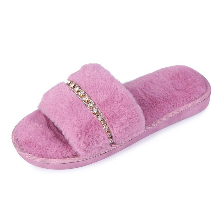Rihanna-inspired 2025 new autumn/winter fuzzy flat heel thong sandals - fashion rhinestone chain plush slippers for women