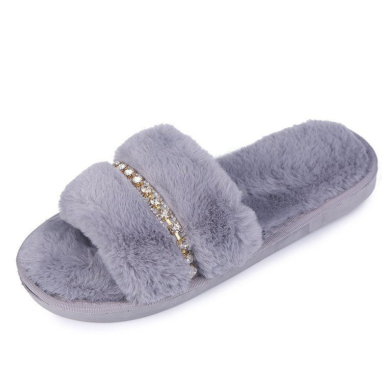 Rihanna-inspired 2025 new autumn/winter fuzzy flat heel thong sandals - fashion rhinestone chain plush slippers for women