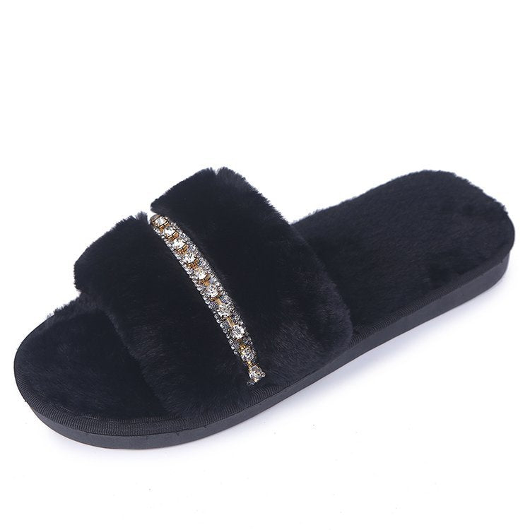 Rihanna-inspired 2025 new autumn/winter fuzzy flat heel thong sandals - fashion rhinestone chain plush slippers for women