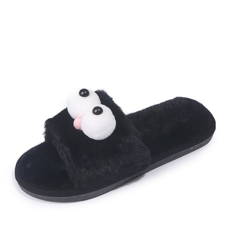 Dropshipping autumn/winter new arrivals: cute big-eyed plush slippers, fuzzy thong sandals, flat soft sole outdoor wearable slippers for women