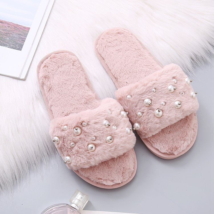 2024 fall/winter new fuzzy slippers - stylish pearl embellished flat slides, warm home cotton slippers for women - dropshipping available
