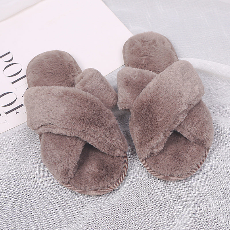 2024 fall/winter new fuzzy slippers for women, open-toe cotton slippers for home, crossover outdoor slippers, plus size women's slippers, thong sandals